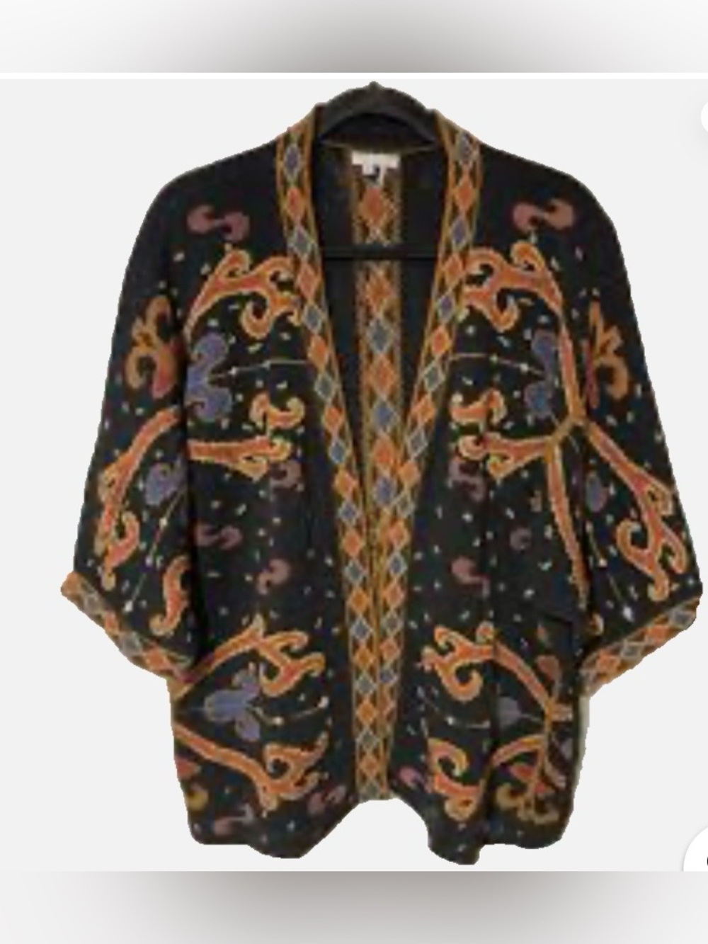 Peruvian Connections Black Kimono Boxy Open Front Sweater Knit Jacket Size XL